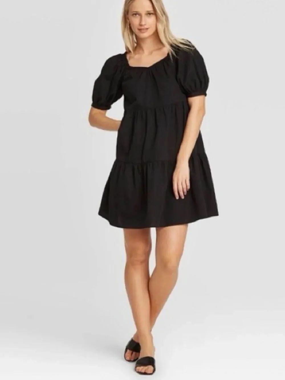 Who What Wear Black Puff-Sleeve Tiered Mini Dress